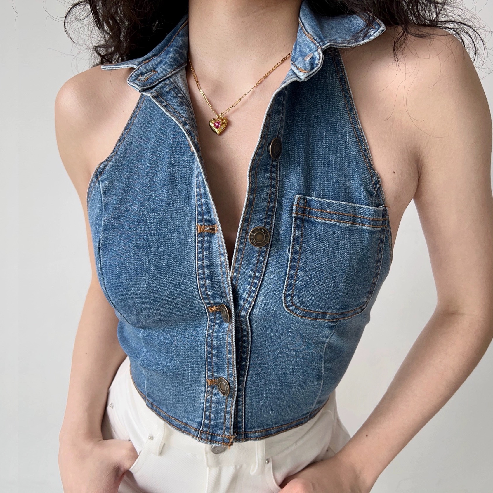 European and American retro sexy backless hanging neck jeans vest women's outerwear stand-up collar short-sleeved top 