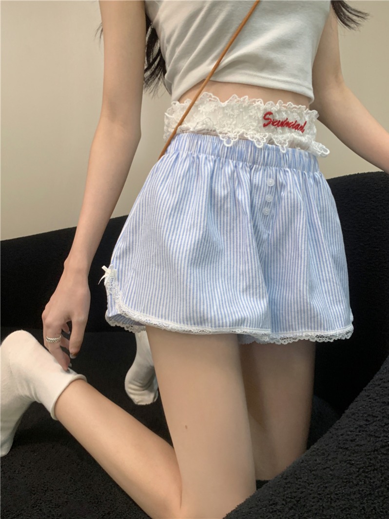 Real shot, real summer white lace embroidered leggings shorts + striped home casual pants for women