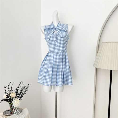 Chi San Umbrella 24/ss Midsummer Confession Blue and white plaid lace-up short sleeve top & bow dress summer