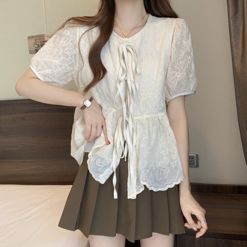 Gentle Korean-style bow shirt women's summer French puff-sleeved babydoll short top with niche design