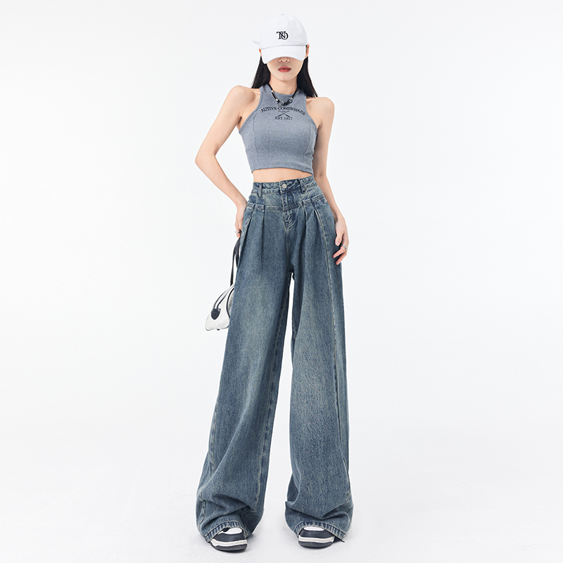 Real shot#Retro Drape Jeans Women's Autumn and Winter Design High Waist Hot Girl Loose Straight Floor-Mopping Wide Leg Pants