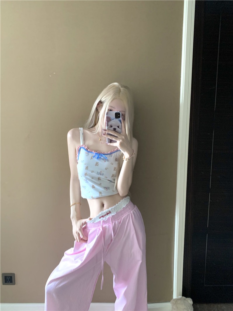 實拍冰涼一夏嗲系少女復古吊帶+寬鬆休閒時尚闊腿褲