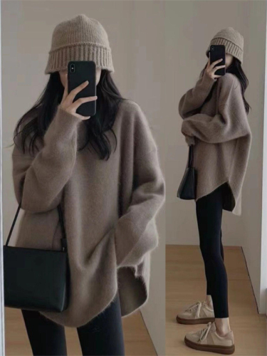 Raccoon velvet pullover sweater for women in autumn and winter, high-end, loose, lazy style, mid-length cashmere bottoming sweater, thickened