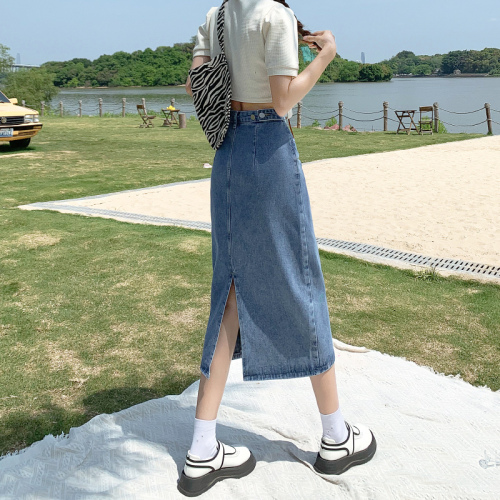 Real shot slit denim skirt 2024 spring and summer new style mid-length high-waist slimming small A-line skirt trendy