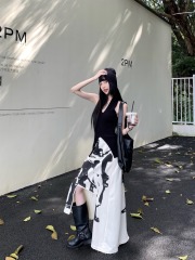 Photographed~ American retro design asymmetrical cut open split midi dress + knit V-neck top