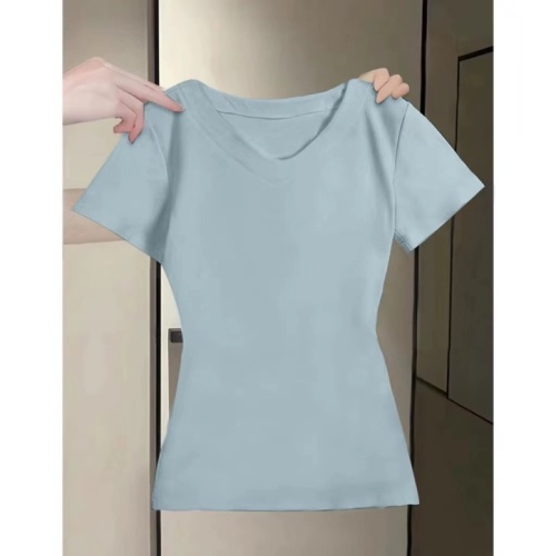 Small v-neck mint green waisted short-sleeved T-shirt women's right shoulder summer slim fit waist design sweetheart neck top