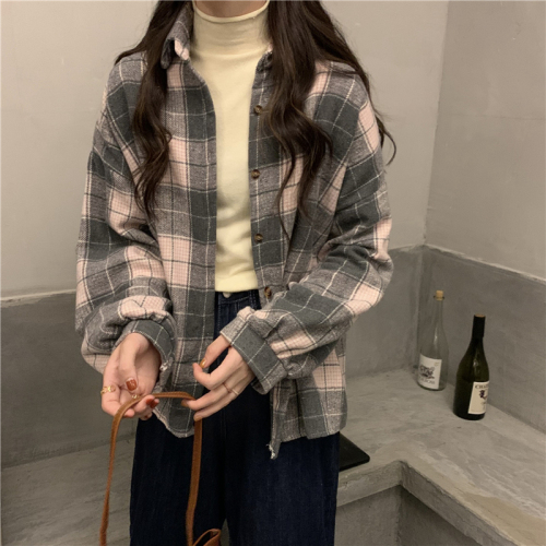 Actual shot, real price, new Korean style plaid thickened brushed loose coat plaid shirt