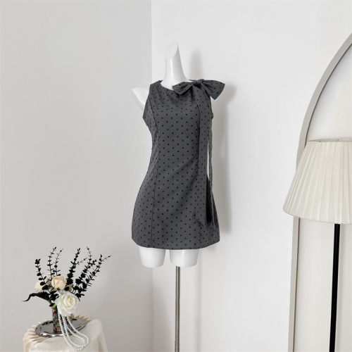 White water women's gray tone gray polka dot dress women's round neck bow design slimming short skirt