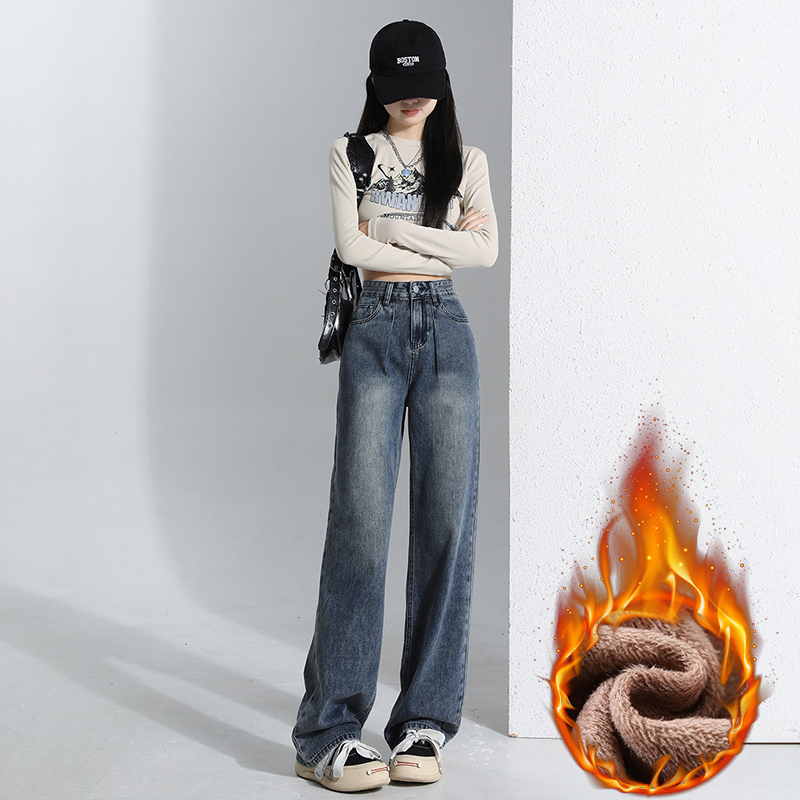 Actual shot #2024 Autumn and Winter velvet popular pinch pleated floor-length pants with back pockets and embroidered denim straight-leg loose pants