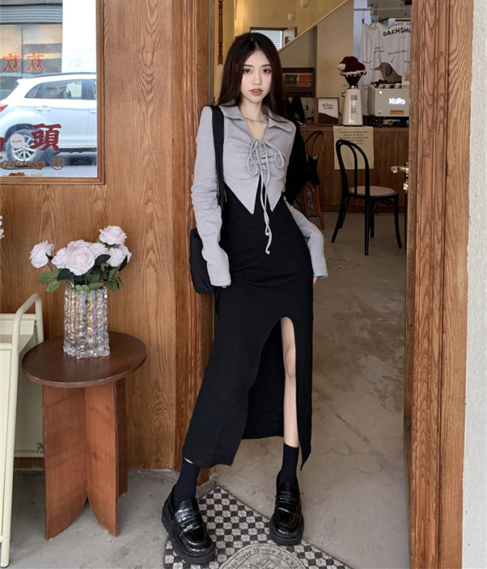 Real shot, real price, French pure lust temperament, long-sleeved dress, pleated design, slit, slim-fitting mid-length dress, fake two pieces