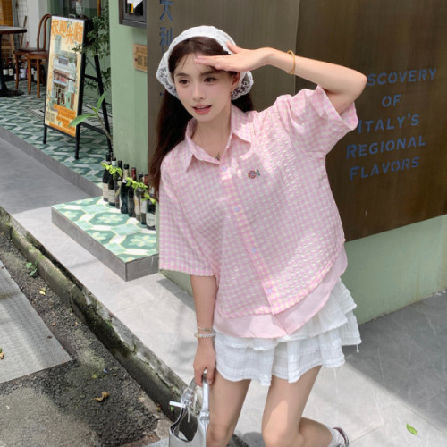 Summer small flower embroidery fake two-piece shirt for women 2024 new design short-sleeved Polo collar top for small people