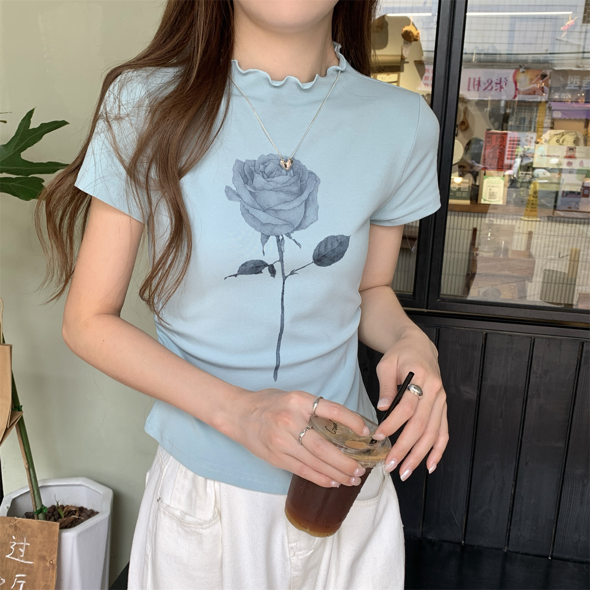 實拍 夏季韓版修身半高領氣質木耳邊玫瑰印花純棉短袖T恤上衣