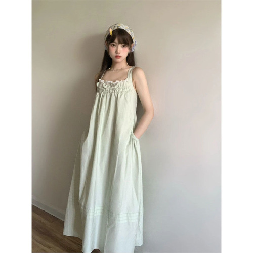 Small fresh mint milk green suspender dress for women summer fashion waist-exposed drawstring fungus-edged backless lace-up dress