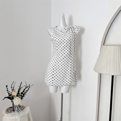 White water women's gray tone gray polka dot dress women's round neck bow design slimming short skirt