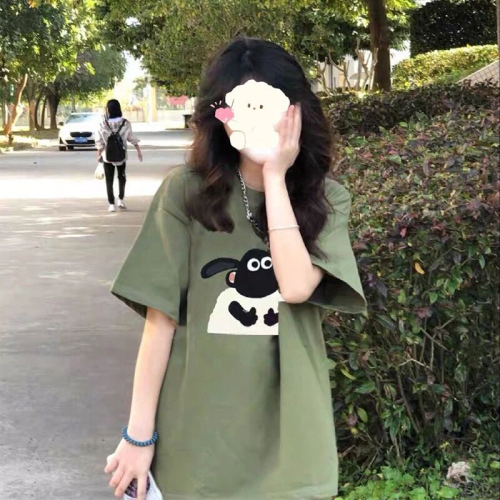 Heavy combed cotton 200g versatile casual white short-sleeved T-shirt for women summer loose back collar printed style