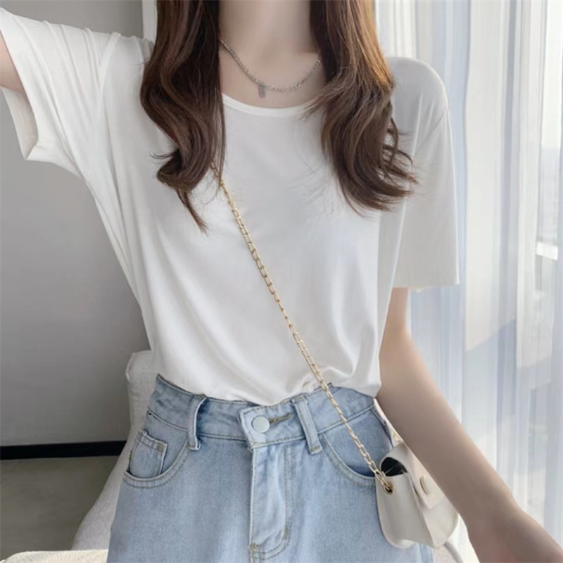 Summer new Korean style versatile slim casual lazy style solid color breathable T-shirt for women