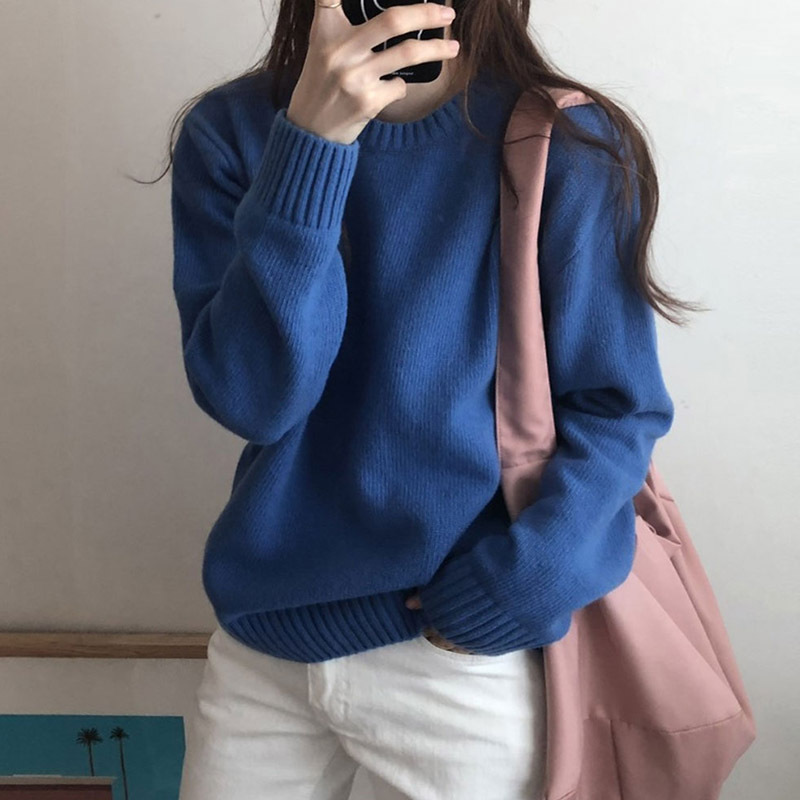 Soft milk blue sweater for women, fall and winter outer wear, loose, lazy, retro, thickened knitted bottoming shirt