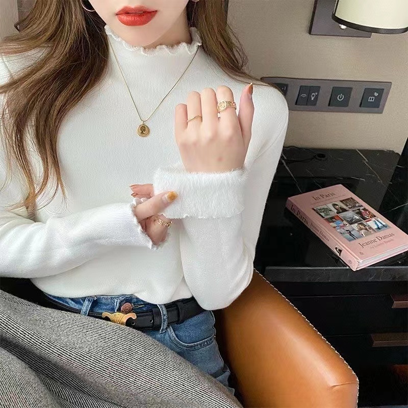 Sweater women's winter velvet thickened half turtleneck bottoming shirt with 2022 autumn and winter new one-piece velvet ear-hem top