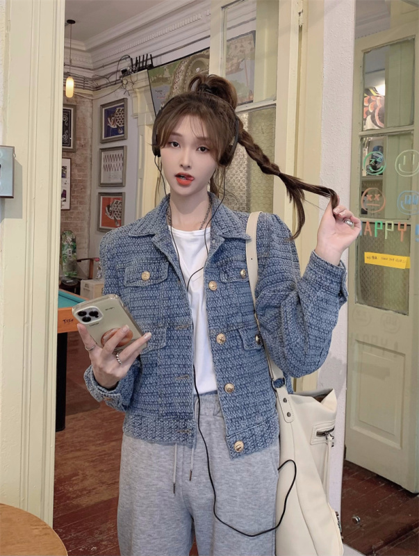 Retro long-sleeved denim jacket for autumn new jacquard denim lapel coat with small gold buttons