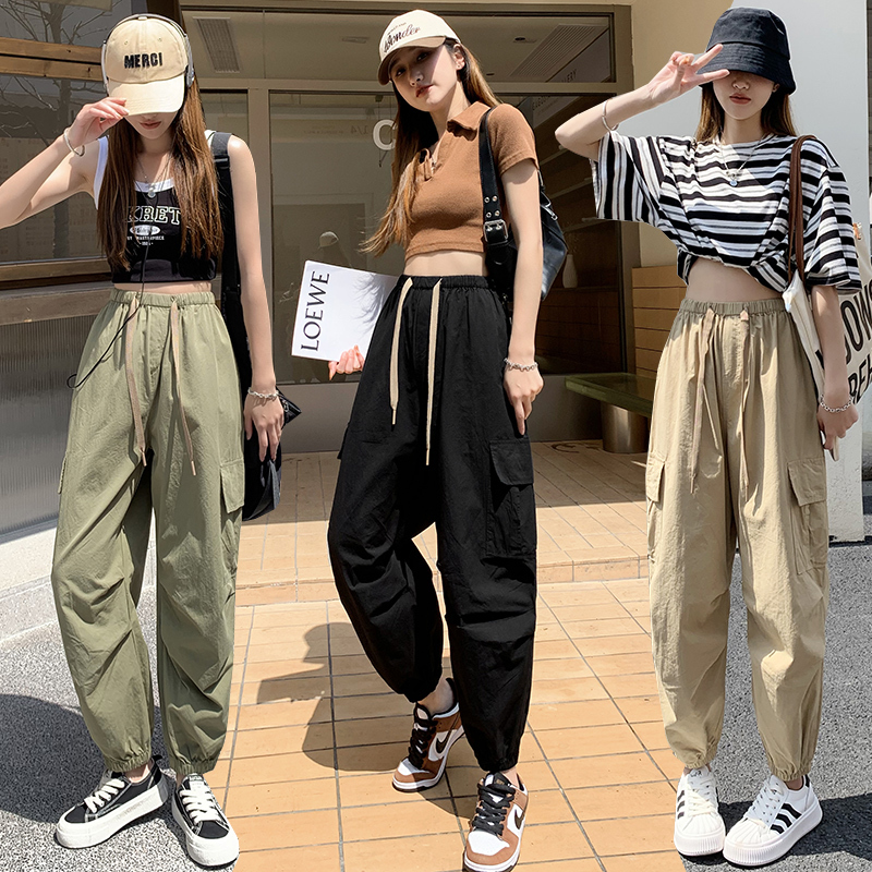 Real shot of sweet and cool overalls 2024 summer thin high-waist casual loose drawstring leg harem pants nine-point small feet