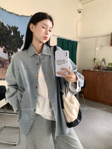 Actual shot~Large size women's colorful buttoned design blue and white striped washed denim loose long-sleeved shirt jacket