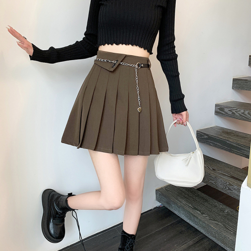 Actual shot of  autumn and winter new high-waist slim college style gray A-line skirt super hot pleated skirt petite short skirt