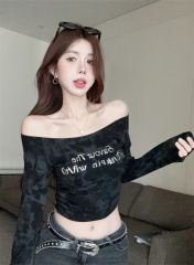 Real shot and real price~American hot girl one-shoulder letter three-dimensional printing tie-dye slimming short long-sleeved T-shirt for women