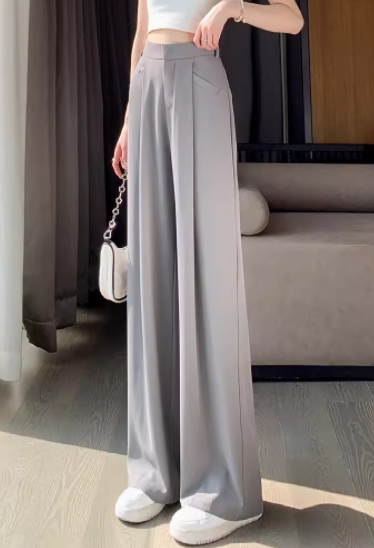 Real shot 2024 summer ice silk suit pants high waist narrow wide leg pants straight thin casual floor mopping pants for women