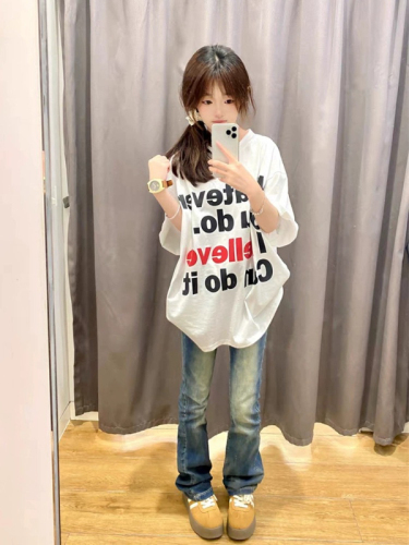 National trend oversize pure cotton letter white short-sleeved T-shirt women's summer loose slimming niche couple top