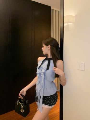 Real shot of designer blue halterneck bow ruffled shirt chiffon sleeveless waist shirt