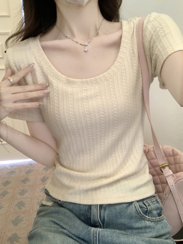 Real shot U-neck right shoulder short-sleeved T-shirt 2024 summer new style versatile slimming shirt slim short top trendy