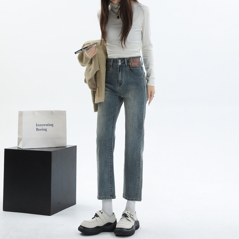 Casual autumn and winter color high-end denim cigarette pants for women high-waisted leather brand high-waisted straight jeans