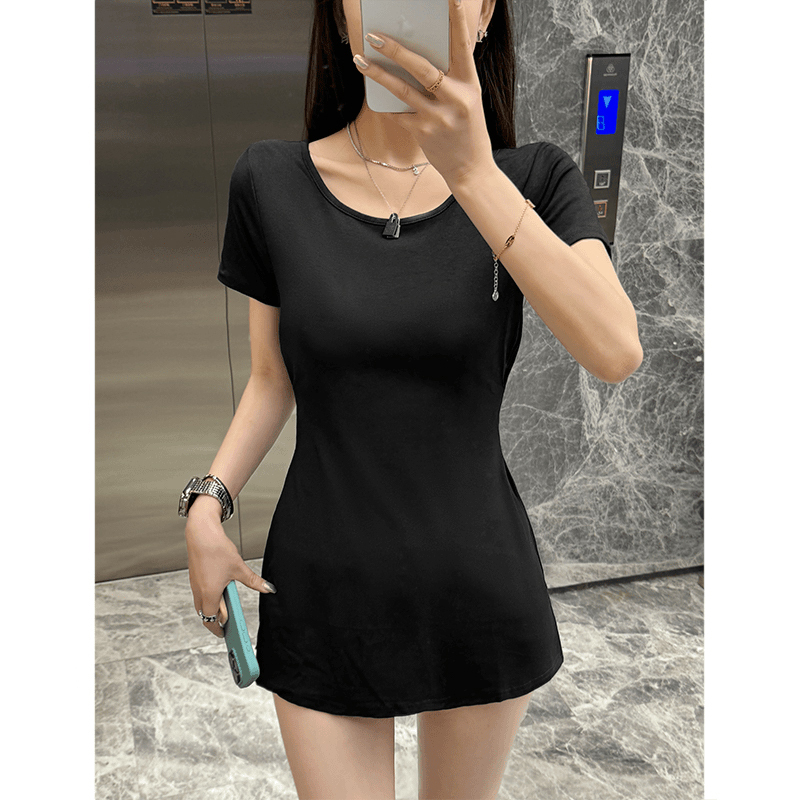 Pure Desire Hot Girl Bamboo Cotton Waist White Right Shoulder Short Sleeve T-Shirt Women's Summer New Slim Waist Covering Belly Top