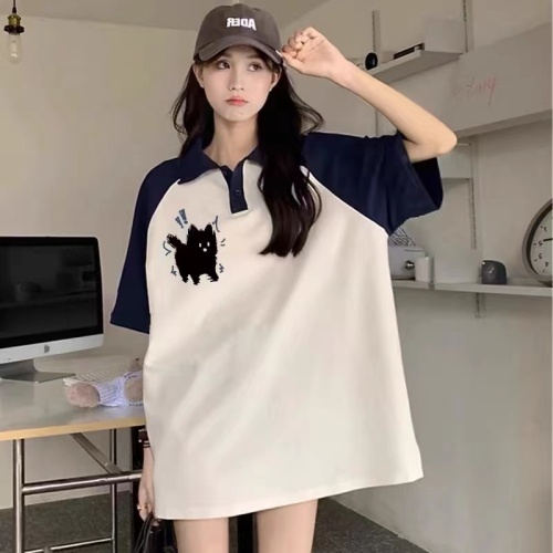 polo collar loose slimming t-shirt women's summer oversize short-sleeved fashionable age-reducing unique and chic couple's top