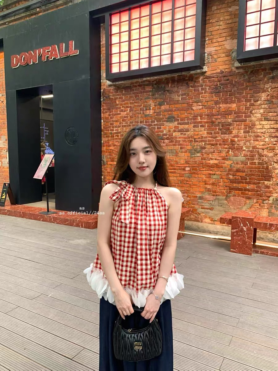 AS OFFICIAL博主穿搭夏季新款法式復古~格紋拼接背心小衫上衣女裝