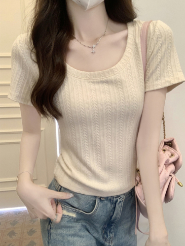 Real shot U-neck right shoulder short-sleeved T-shirt 2024 summer new style versatile slimming shirt slim short top trendy