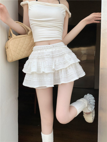 Official Photo Double Layer Lace Cake Skirt Summer New A-Line Short Lace Ballet Puff Skirt for Women