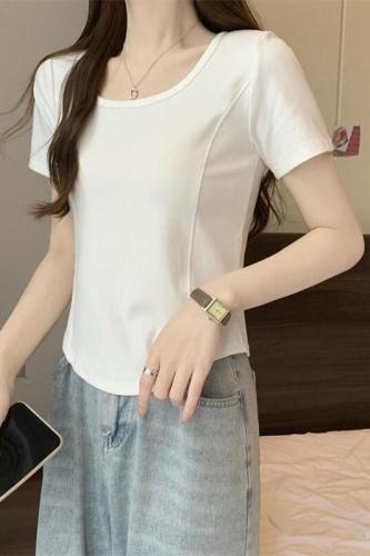 Actual shots in stock Summer new large size T-shirt simple short-sleeved round neck solid color top for women