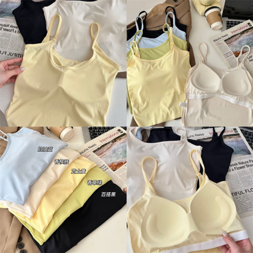 Actual price~Solid color ice silk camisole hot girl slim fit big U backless outer wear top with breast pads