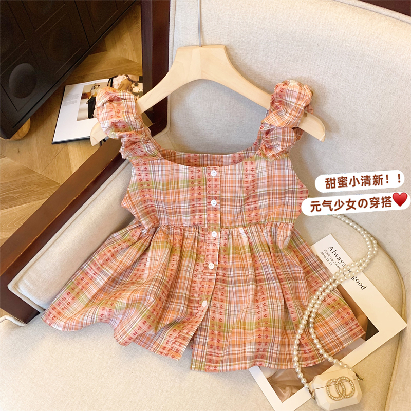 粉色格紋飛飛袖小衫女夏款高級感背心無袖裙擺小上衣遮肚子娃娃衫