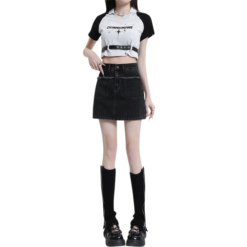 Real shot of retro high-waisted denim skirt for women A-line short skirt 2024 summer new style hip-covering skirt for women