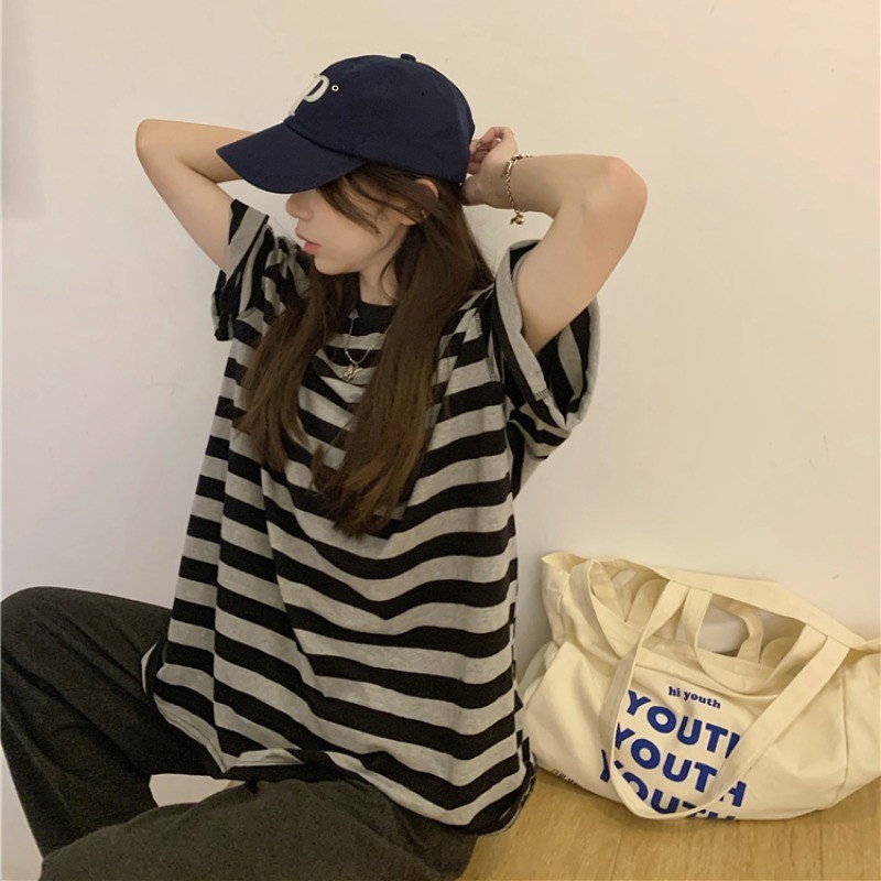New style~Korean style simple loose striped versatile slimming T-shirt