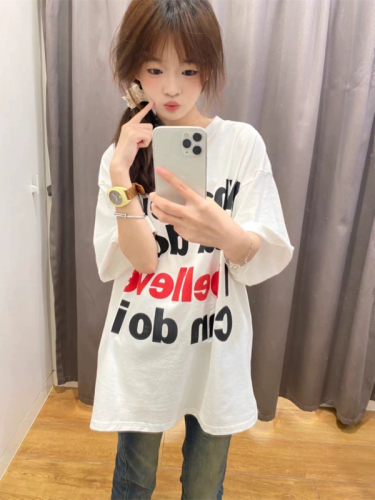 National trend oversize pure cotton letter white short-sleeved T-shirt women's summer loose slimming niche couple top