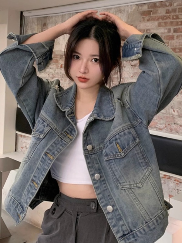 Retro raw edge short denim jacket for women in spring and autumn, versatile little person design, street salt style jacket top