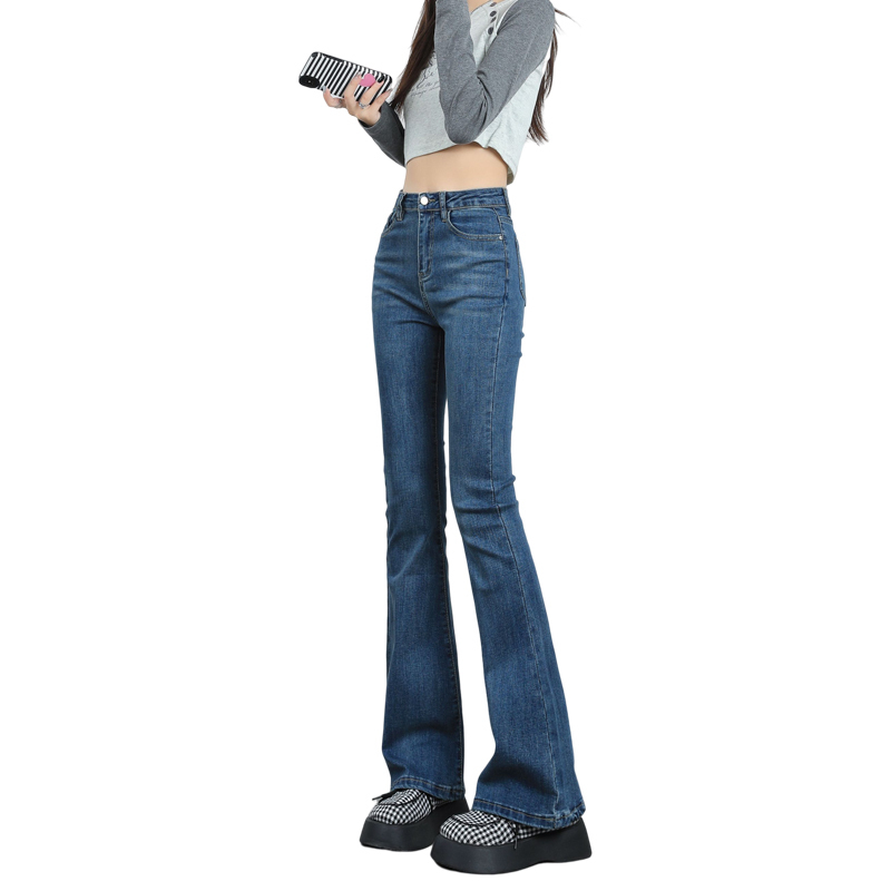 Autumn and winter velvet micro-flared jeans for women, versatile high-waisted stretchy slim-fitting floor-length trousers