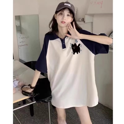 polo collar loose slimming t-shirt women's summer oversize short-sleeved fashionable age-reducing unique and chic couple's top