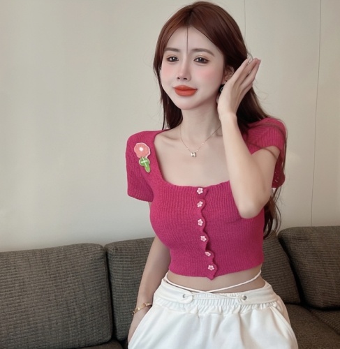 Pure Desire Hot Girl Knitted Square Neck Short Sleeve T-Shirt Women's Design Niche Summer Sexy Short Top