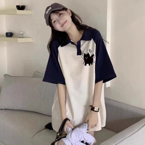 polo collar loose slimming t-shirt women's summer oversize short-sleeved fashionable age-reducing unique and chic couple's top