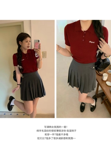 脚趾筋 少女刺绣polo衫 微胖mm夏季polo领短袖刺绣螺纹边显瘦上衣