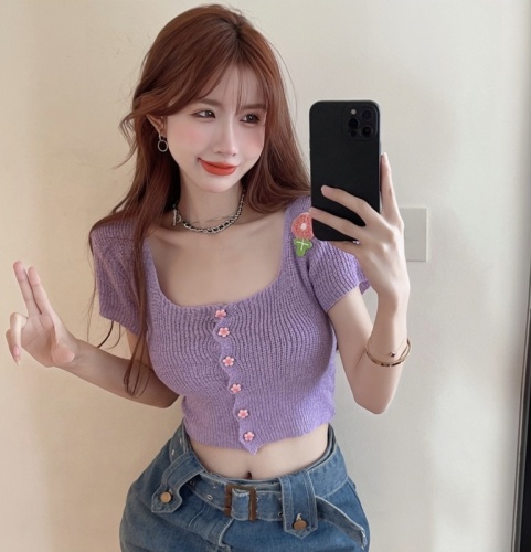 Pure Desire Hot Girl Knitted Square Neck Short Sleeve T-Shirt Women's Design Niche Summer Sexy Short Top